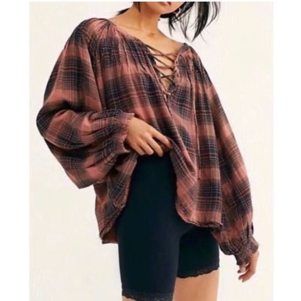 Free People Cloudbreaker Plaid Tunic Oversized Lace Up Pullover Small Balloon